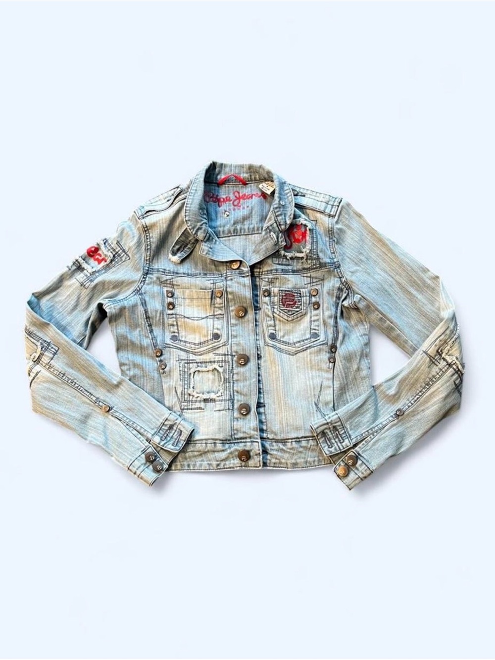 Pepe Jeans Light Blue Denim Jacket with Red Patch Details